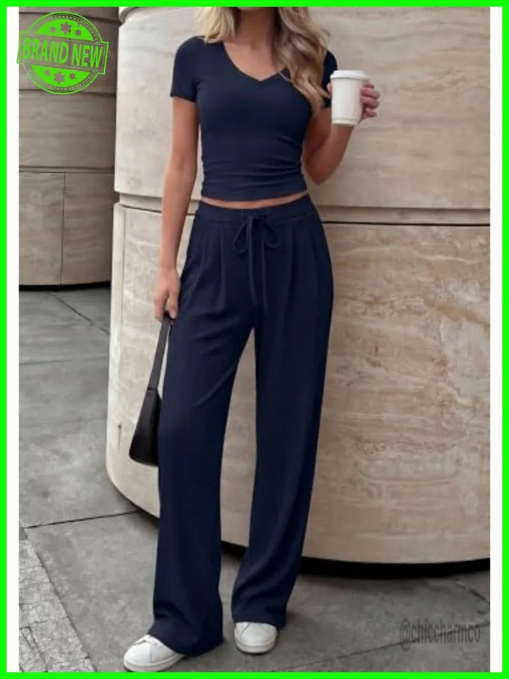 2 Piece Matching Lounge Set - V Neck Top Wide Leg Pants Travel Outfit
